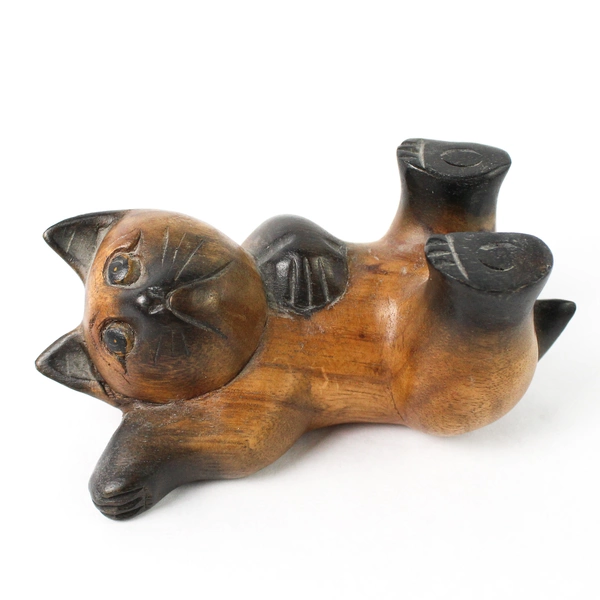 Hand Carved Playful Siamese Kitten Lying On Its Back Figurine