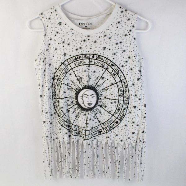 On Fire Sleeveless T-Shirt Top Black/White Astrology Women's Size M 100% Cotton