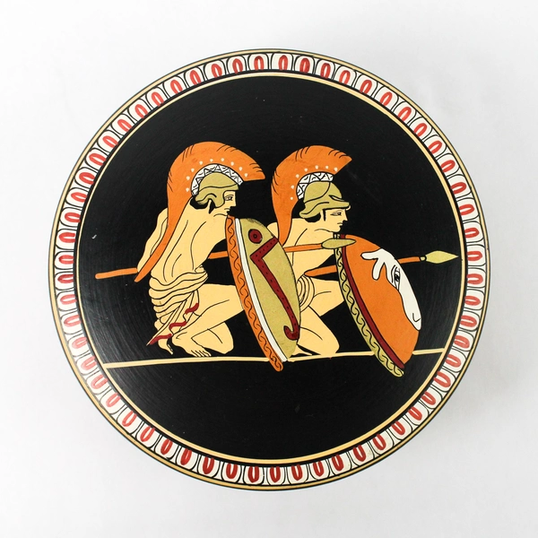 Vintage Hand Painted Pottery Trinket Box Achaian Soldiers Greece