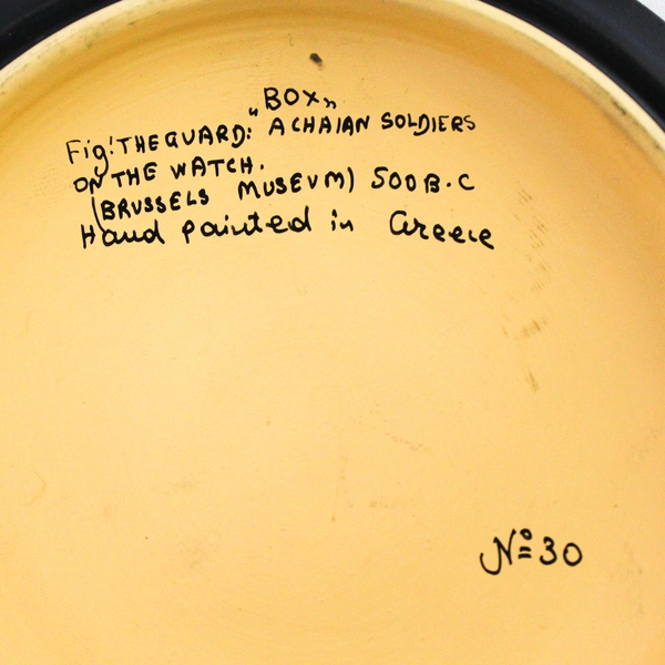 Vintage Hand Painted Pottery Trinket Box Achaian Soldiers Greece