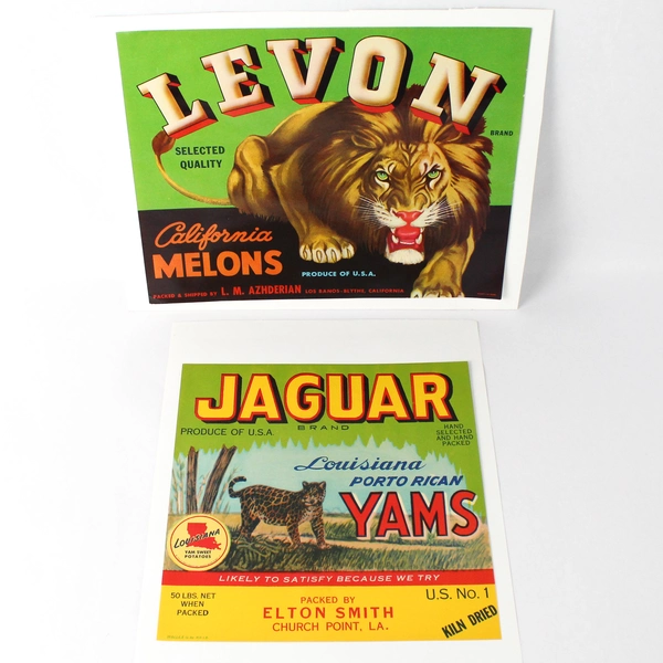 Lot of 2 Vintage Fruit Box Labels Jaguar Yams Levon Melons