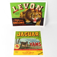 Lot of 2 Vintage Fruit Box Labels Jaguar Yams Levon Melons