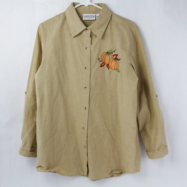 Country Store Women's Medium Tan Button-Up Shirt with Pumpkin Embroidery