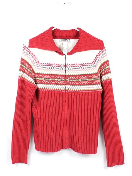 Tiara International Women's Red Cream Cardigan Sweater Size M Christmas Holiday
