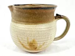 Handmade Art Pottery Pitcher Signed Beige with Flower 5in Tall
