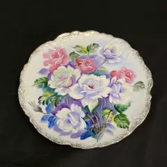 Vintage Ucago Porcelain Plate Pink and White Roses Silver Trim