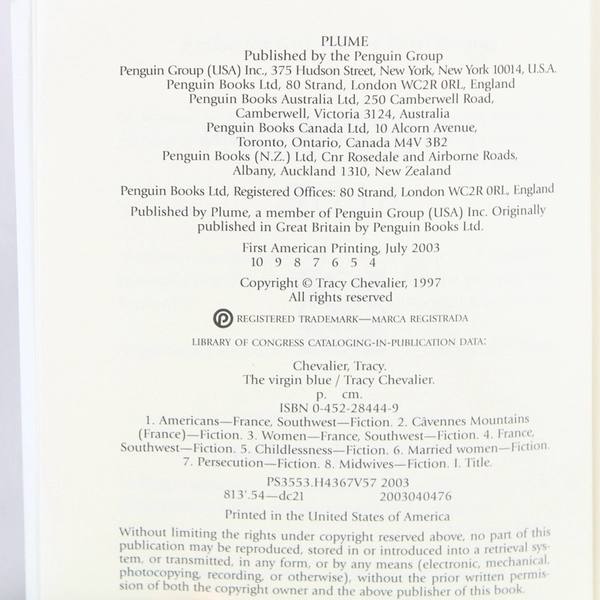 The Virgin Blue by Tracy Chevalier 2003 Paperback A Plume Book