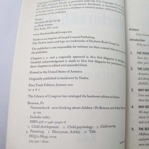 Nurture Shock New Thinking About Children Ashley Merryman Po Bronson 2011 PB