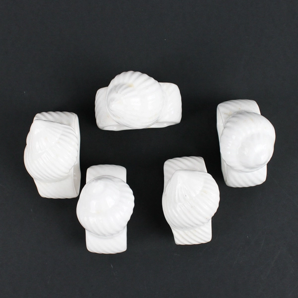 Set of 5 White Ceramic Seashell Napkin Rings