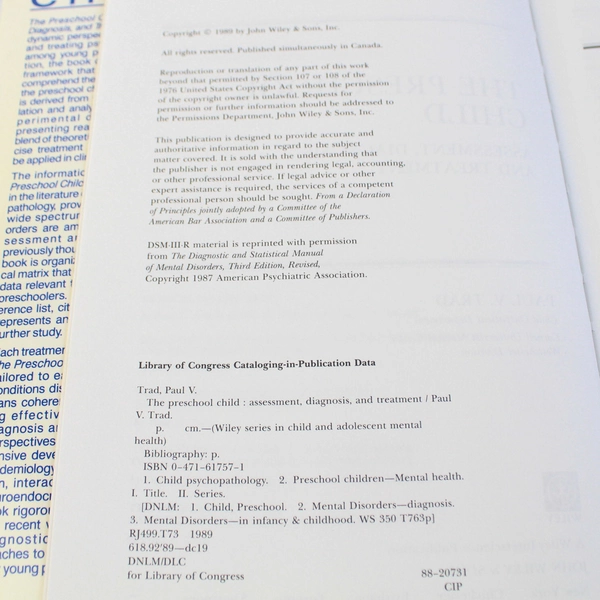 The Preschool Child: Assessment Diagnosis & Treatment Paul V. Trad 1989 HC