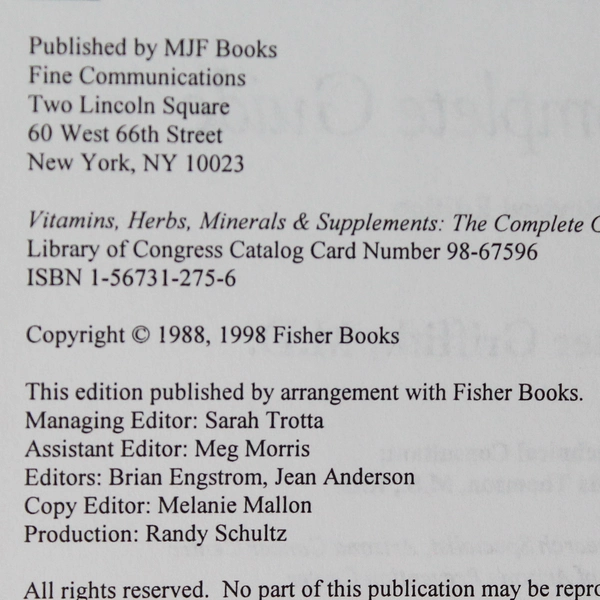 Vitamins, Herbs, Minerals and Supplements by H. Winter Griffith 1998 Hardcover