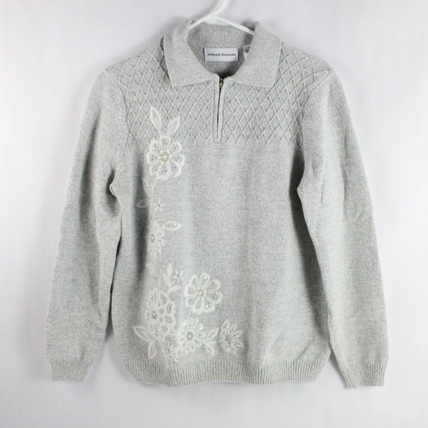 Alfred Dunner Women's Gray White Flowers Collar Quarter Zip Knit Sweater Size S