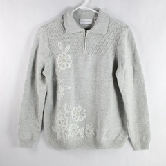 Alfred Dunner Women's Gray White Flowers Collar Quarter Zip Knit Sweater Size S