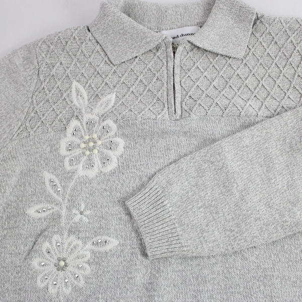 Alfred Dunner Women's Gray White Flowers Collar Quarter Zip Knit Sweater Size S