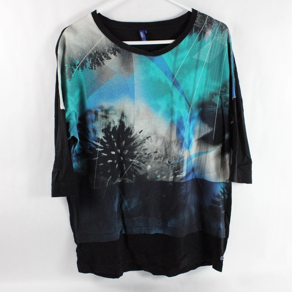 Cecil Women's Mid Sleeve Top Black Sleeves & Blue Pattern Bodice Size Medium