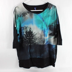 Cecil Women's Mid Sleeve Top Black Sleeves & Blue Pattern Bodice Size Medium