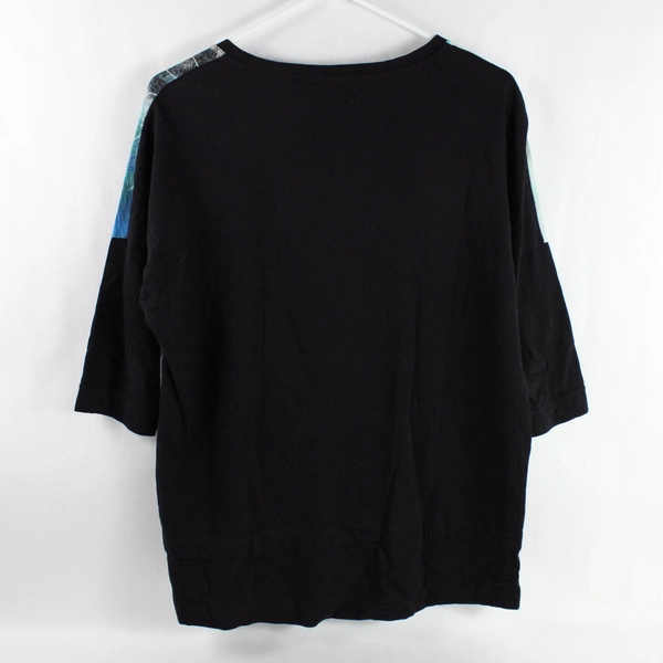 Cecil Women's Mid Sleeve Top Black Sleeves & Blue Pattern Bodice Size Medium