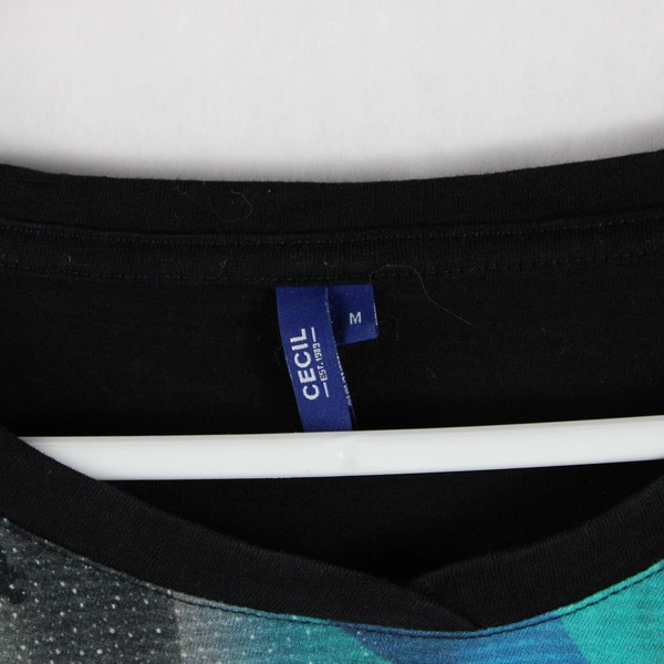 Cecil Women's Mid Sleeve Top Black Sleeves & Blue Pattern Bodice Size Medium