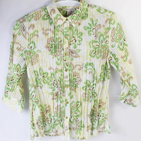 JM Collection Floral Button Up Top Women's Size 6 Green Brown Yellow