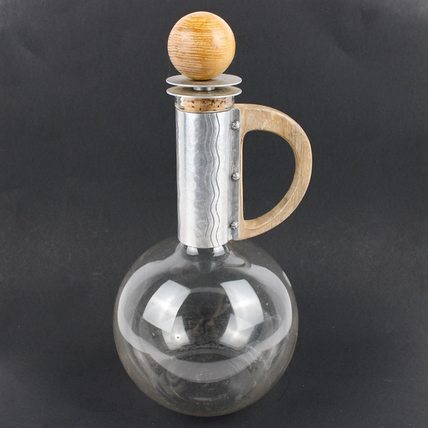 Vintage Mid Century Modern Carafe Glass Aluminum Wood 