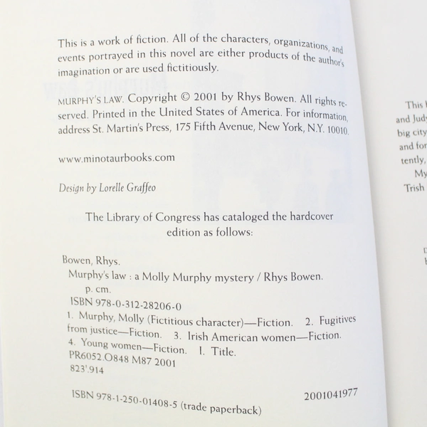 Murphy's Law: A Molly Murphy Mystery by Rhys Bowen 2001 Trade Paperback