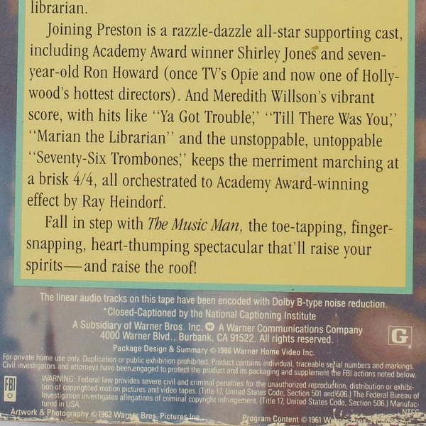 Meredith Willson's The Music Man VHS 1961 Robert Preston Shirley Jones