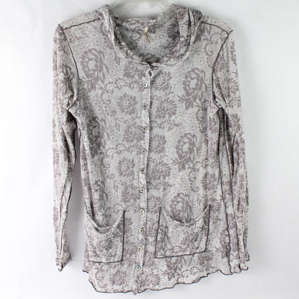 Pete Sheer Taupe Floral Patterned Button-Front Hoodie Women's Medium