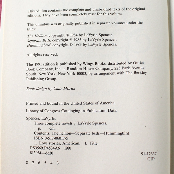 LaVyrle Spencer: Three Complete Novels 1985 Wings Books Hardcover 