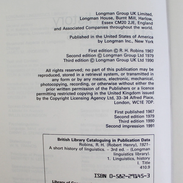 A Short History of Linguistics R.H. Robins 1990 3rd Edition Paperback