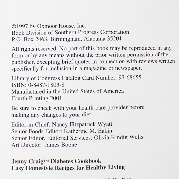 Jenny Craig: Diabetes Cookbook by Oxmoor House Staff 2003 Hardcover
