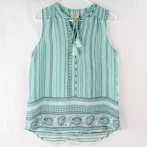 St. John's Bay Teal Striped Tank Top Blouse Tassel Tie Front Size S