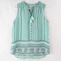 St. John's Bay Teal Striped Tank Top Blouse Tassel Tie Front Size S
