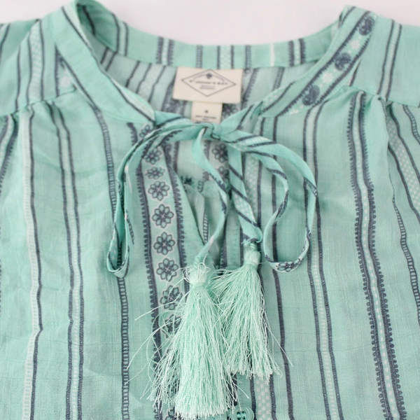 St. John's Bay Teal Striped Tank Top Blouse Tassel Tie Front Size S