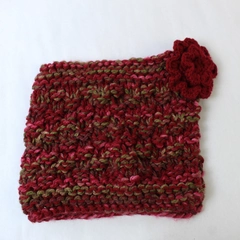 Knit Red Pink Scarf with Flower Snap Button Closure, 21.5" Long, Pre-owned