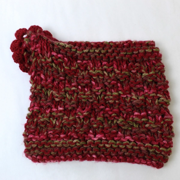 Knit Red Pink Scarf with Flower Snap Button Closure, 21.5" Long, Pre-owned