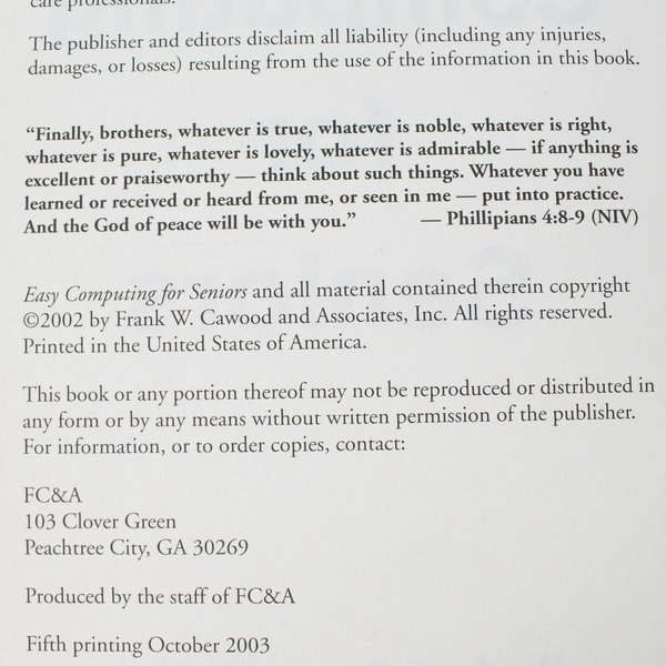 Computers for Seniors by Frank W. Cawood and Associates Staff 2002 Hardcover