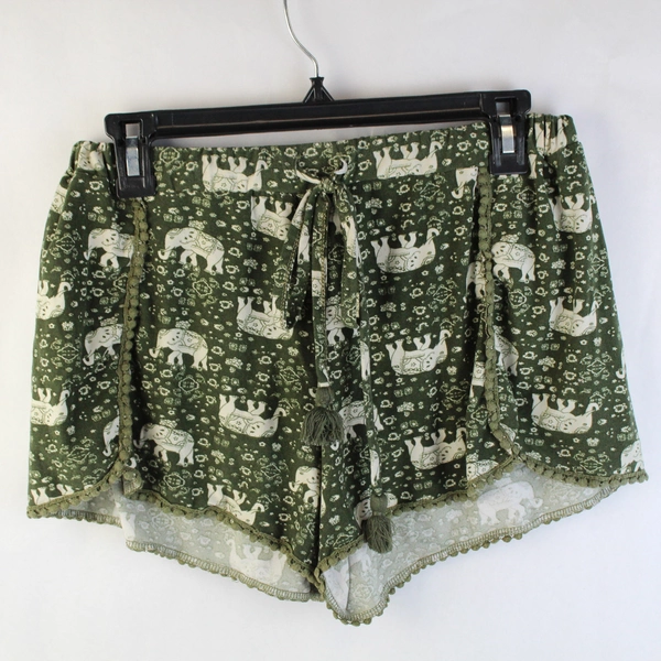 Planet Gold Bohemian Style Green Elephant Shorts Size L Elastic Drawstring Waist