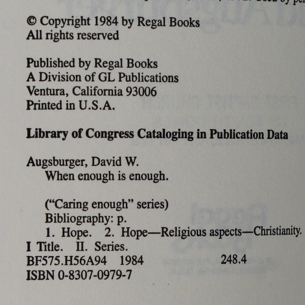 When Enough is Enough by David Augsburger 1984 Regal Books Paperback