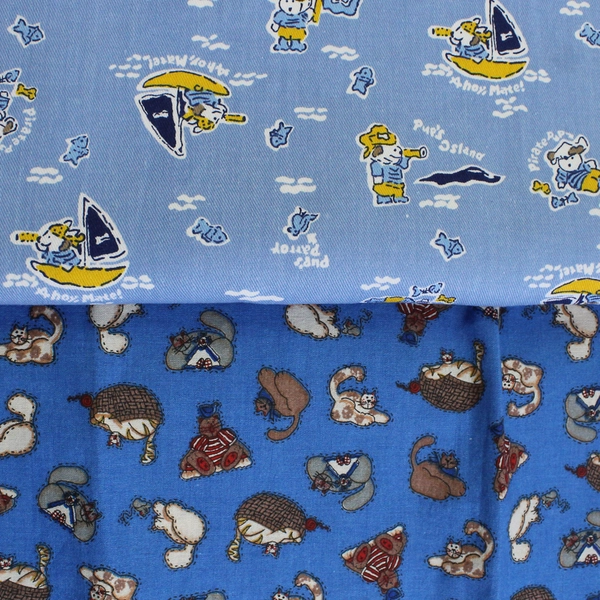 2 Piece Lot of Blue Animal Themed Fabric Cats and Dogs 1+ Yards
