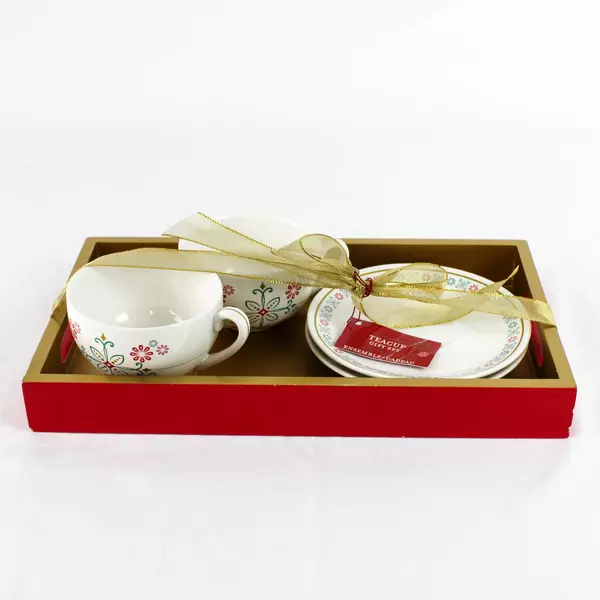 Starbucks 2006 Teacup & Saucer Gift Set 2 Cups w/ Saucers & Lacquered Wood Tray