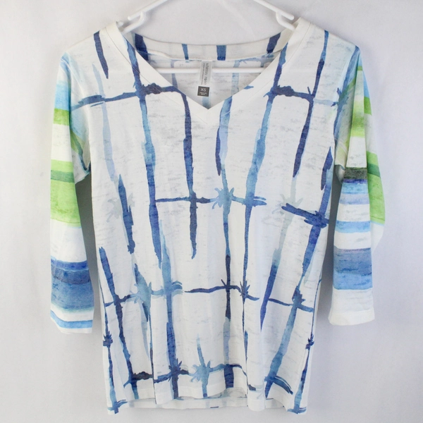 Whimsy Rose V-Neck Blue/White 3/4-Sleeve Top Women's XS Cotton Blend