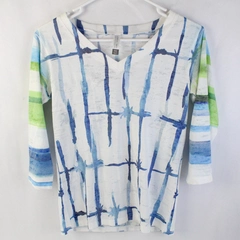 Whimsy Rose V-Neck Blue/White 3/4-Sleeve Top Women's XS Cotton Blend