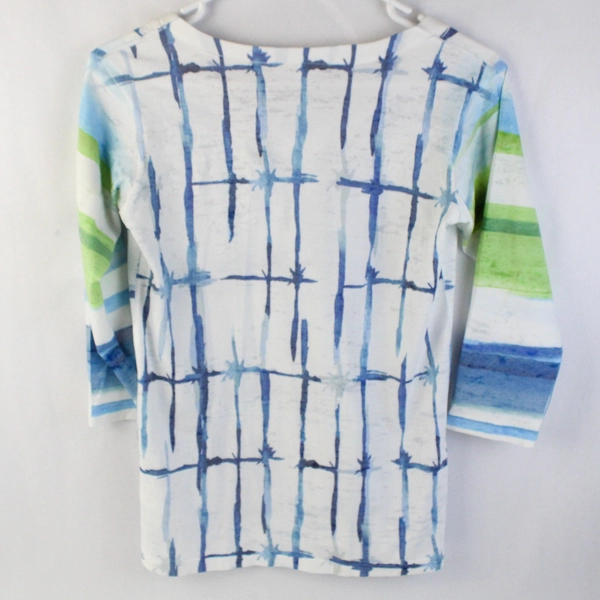 Whimsy Rose V-Neck Blue/White 3/4-Sleeve Top Women's XS Cotton Blend