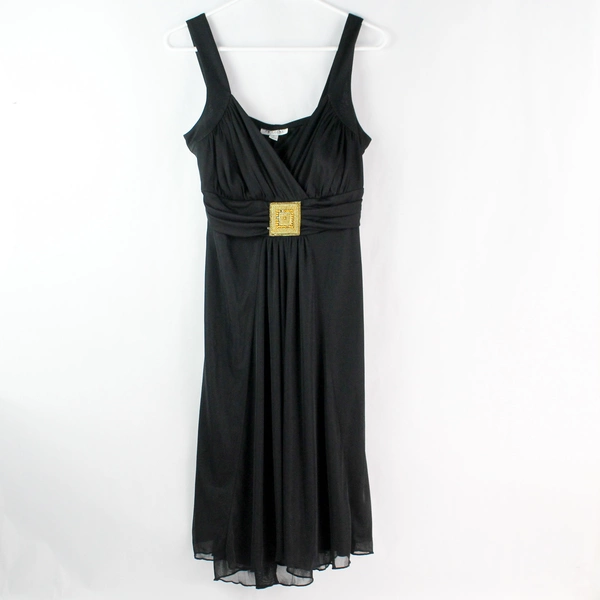 En Focus Studio Women's Black V Neck Formal Dress Sz 10 with Belt Detail