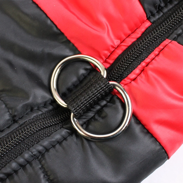 Black and Red Dog Puffer Vest with Leash Attachment Size Small