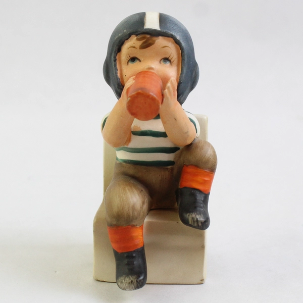 Vtg Wales Porcelain Figurine Football Boy In A Chair Drinking 4"