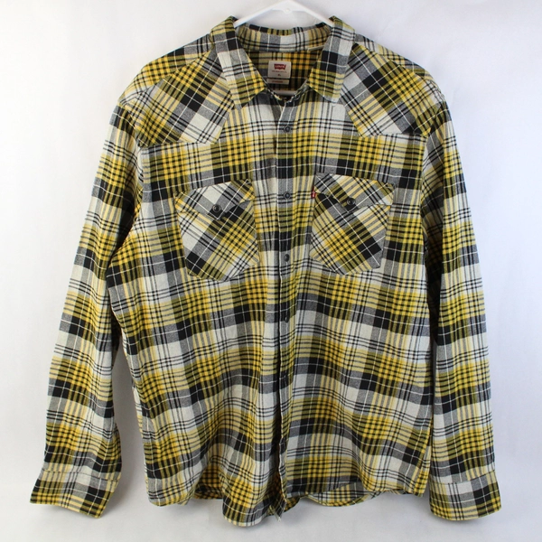 Levi's Plaid Flannel Black Pearl Snap Yellow Black Long Sleeve Men's XL