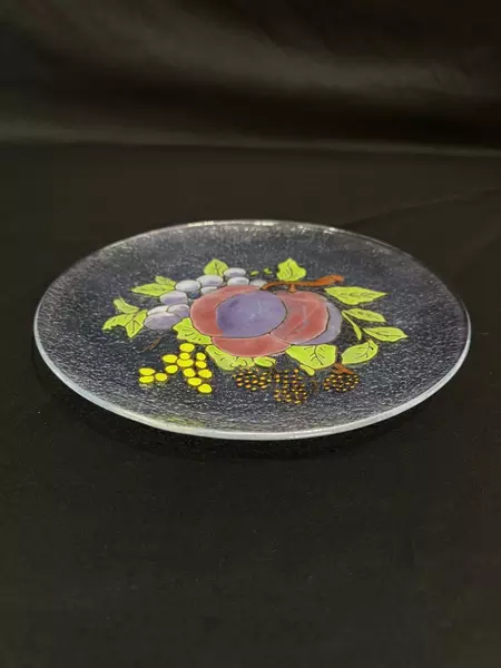 Hand-Painted 9.5" Textured Glass Plate with Plum & Grape Design