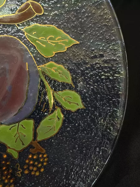 Hand-Painted 9.5" Textured Glass Plate with Plum & Grape Design