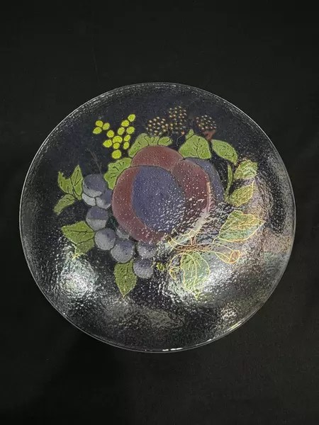 Hand-Painted 9.5" Textured Glass Plate with Plum & Grape Design